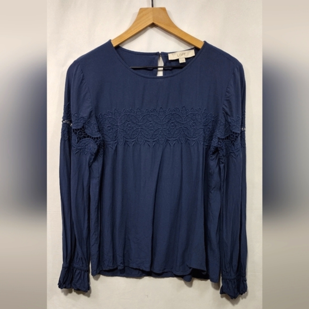 NWOT Loft Embroidered Lace Floral Top Women's S Blue Boho Retro 90s Y2K Casual